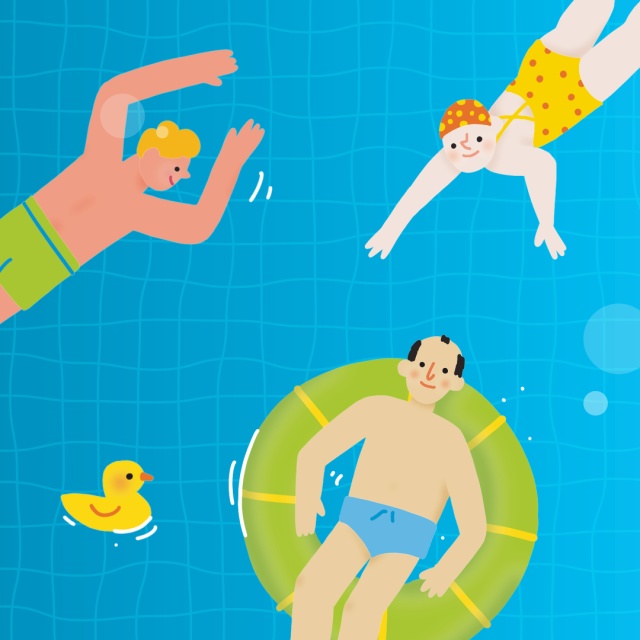 Illustration mehrerer Personen im Wasser mit Schwimmreifen und Badebekleidung auf blauem Poolhintergrund. Eine Person entspannt auf einem grünen Schwimmring, daneben schwimmt eine gelbe Badeente. Das farbenfrohe Motiv steht für einen Mehrzweckgutschein de
